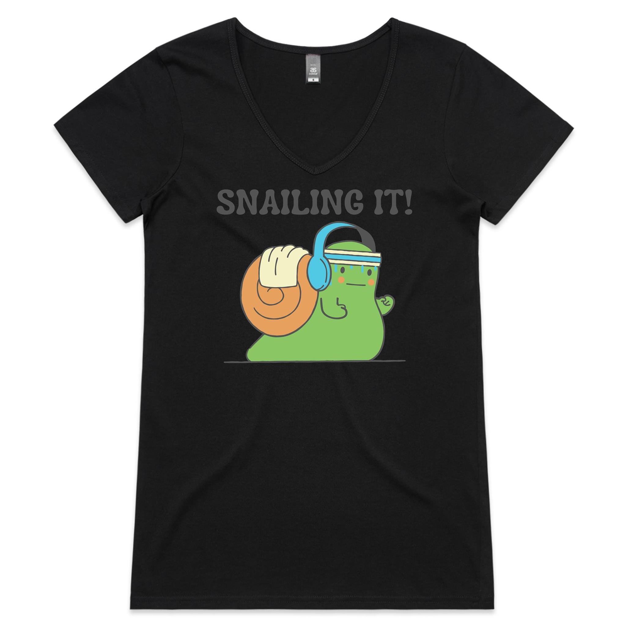 Snailing It, Fitness - Womens V-Neck T-Shirt Black Womens Active V-Neck T-shirt Fitness Printed In Australia