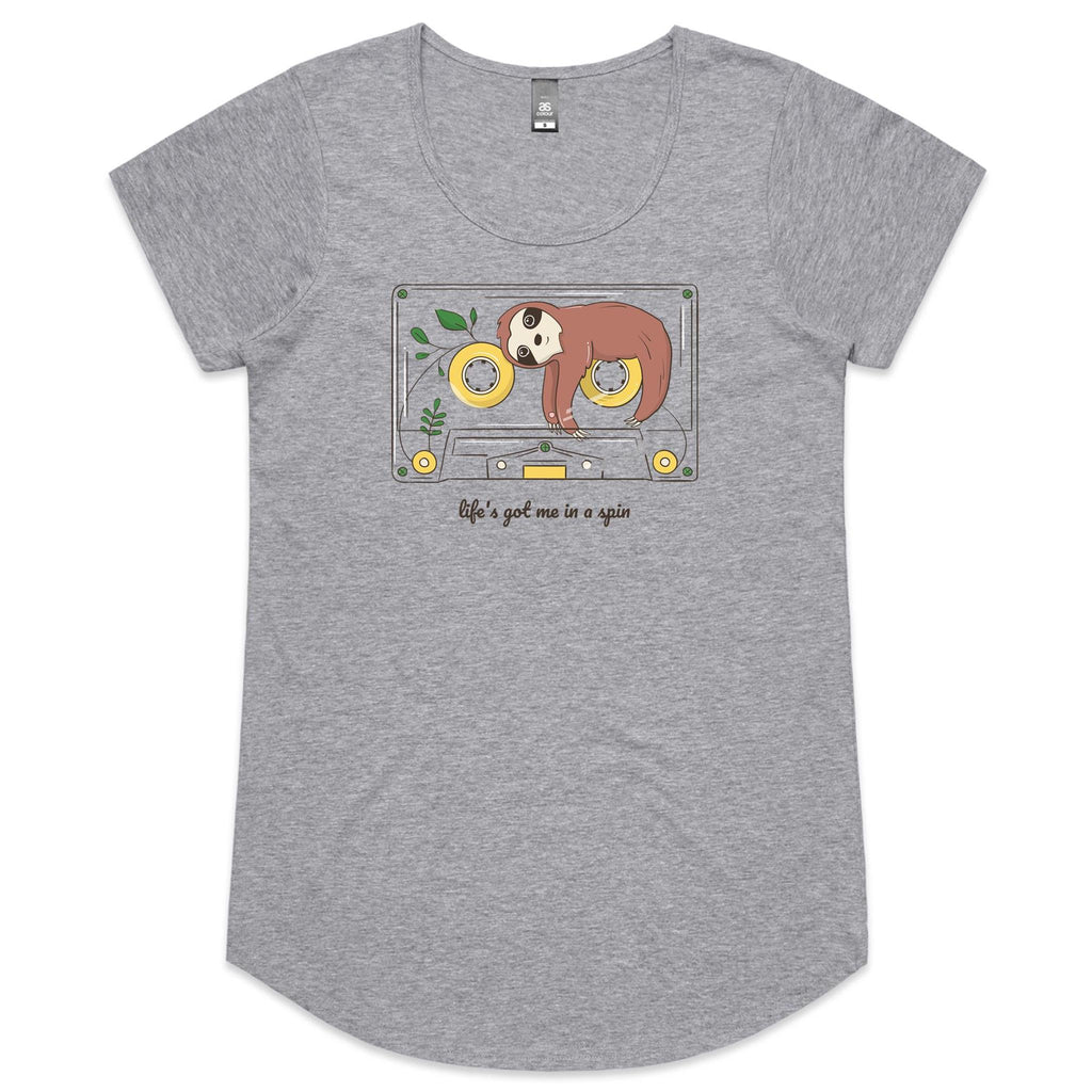 Life's Got Me In A Spin, Sloth, Cassette Tape - Womens Scoop Neck T-Shirt Grey Marle Womens Scoop Neck T-shirt animal Music Printed In Australia