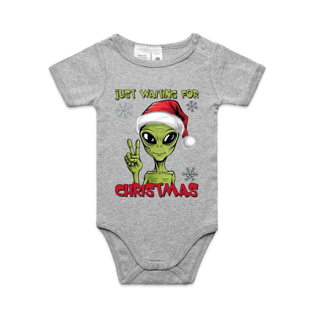 Just Waiting For Christmas - Baby Bodysuit Grey Marle Baby Christmas Bodysuit Christmas Printed In Australia
