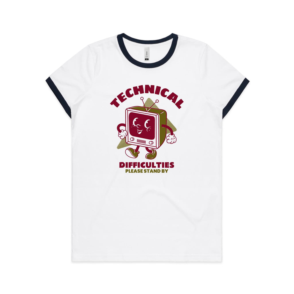 Technical Difficulties, Retro TV - Women's Ringer Tee White Navy Womens Ringer T-shirt Printed In Australia Retro Tech