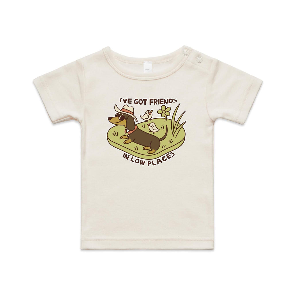 Dachshund, I've Got Friends In Low Places AS Colour Baby T-shirt Natural Baby T-shirt animal Printed In Australia
