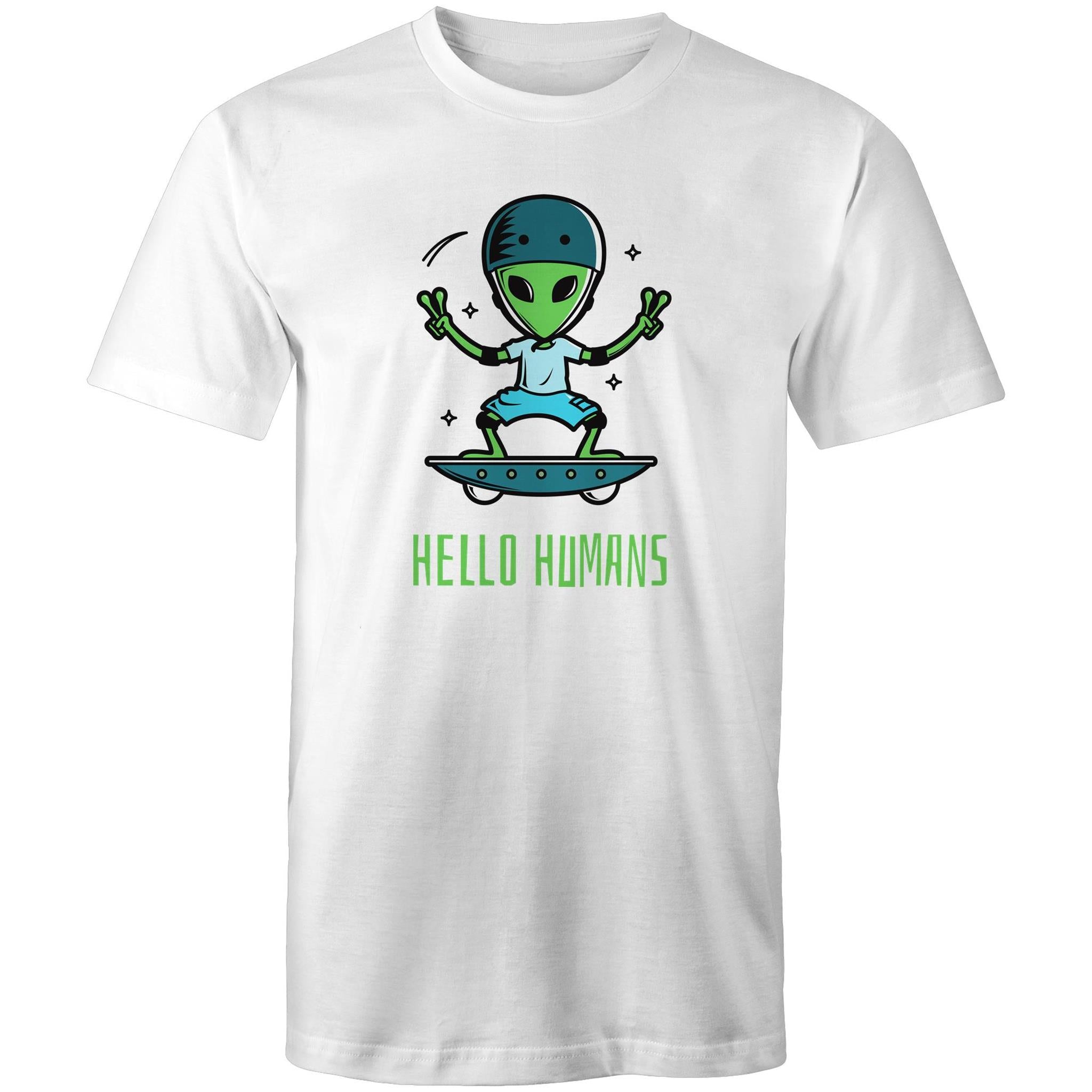 Hello Humans, Alien - Mens T-Shirt White Mens T-shirt Printed In Australia Sci Fi