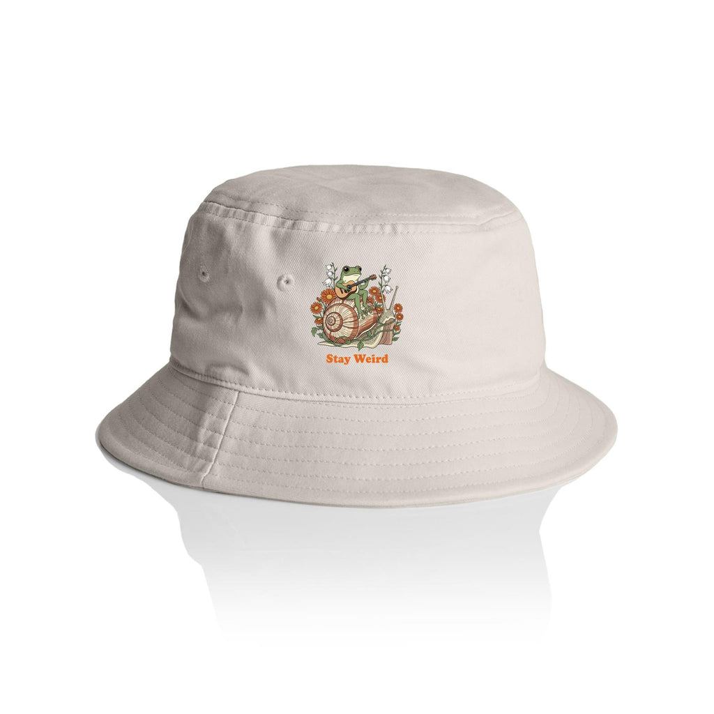 Stay Weird, Guitar Playing Frog On A Snail AS Colour Bucket Hat Bone One Size As Colour Bucket Hat animal Music Printed In Australia