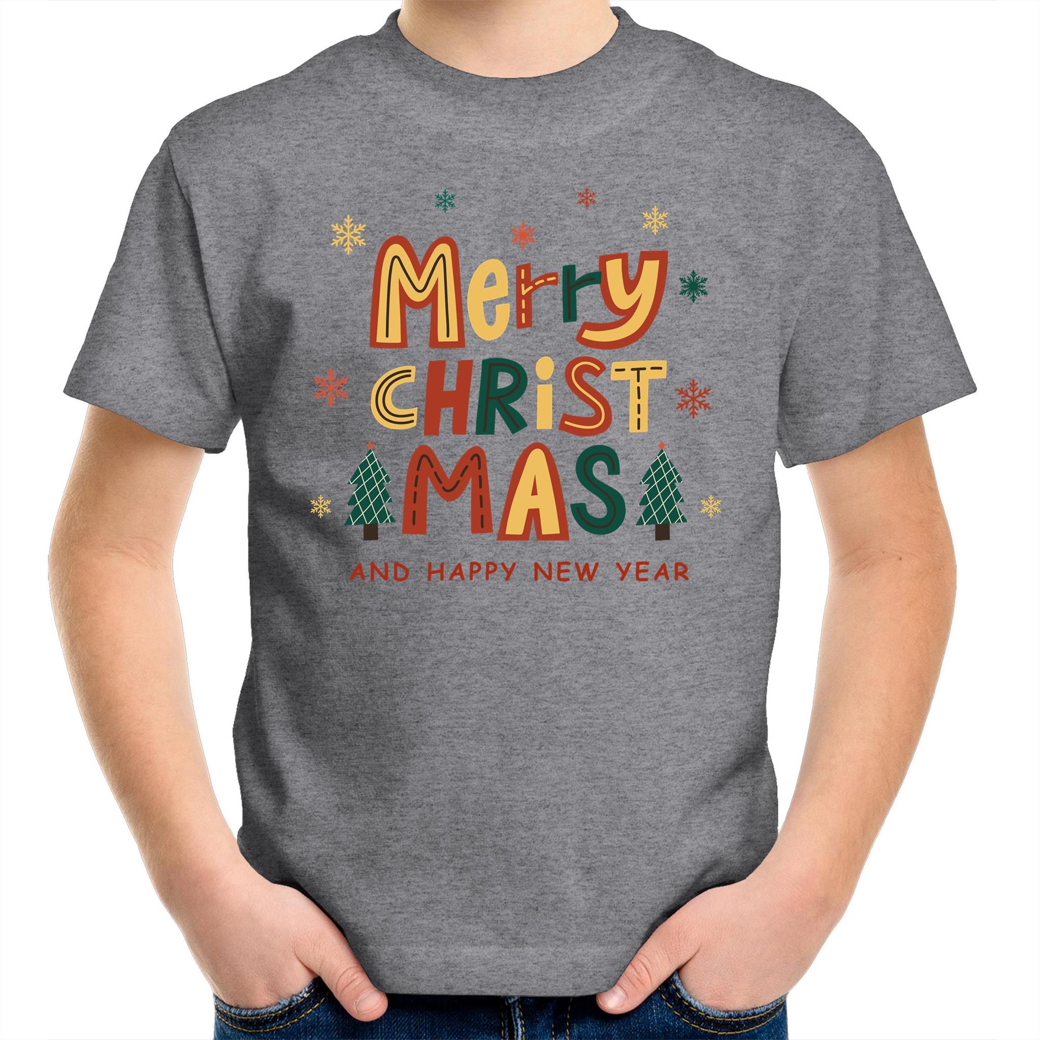 Merry Christmas And Happy New Year - Kids Youth T-Shirt Grey Marle Kids Christmas T-shirt Christmas Printed In Australia
