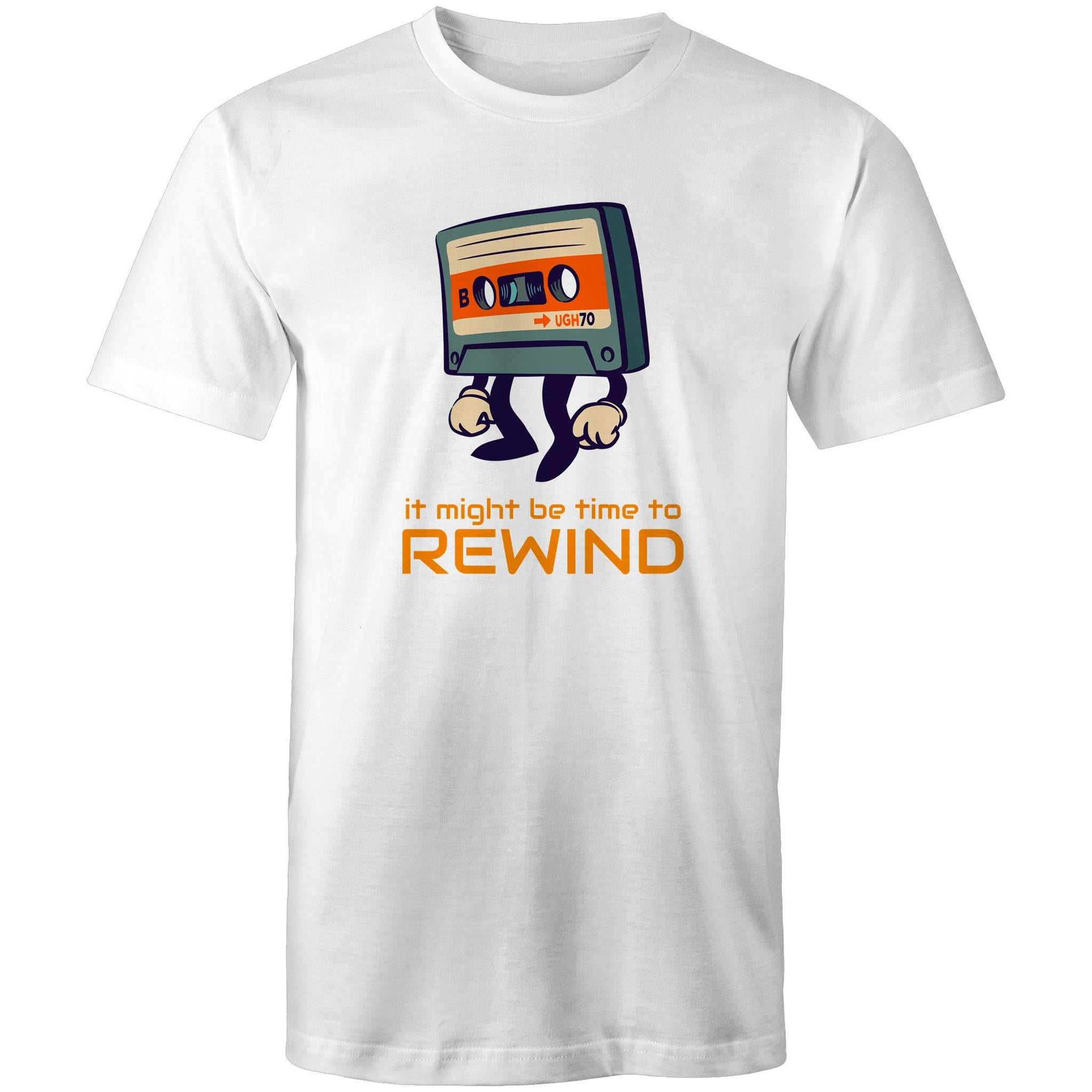 Cassette Tape, It Might Be Time To Rewind - Mens T-Shirt White Mens T-shirt Music Printed In Australia Retro