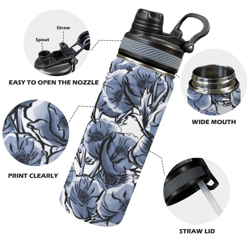 Blue And White Floral - Insulated Water Bottle with Dual-Use Lid (18oz) Insulated Water Bottle with Dual-Use Lid (18oz) Plants Printed Offshore