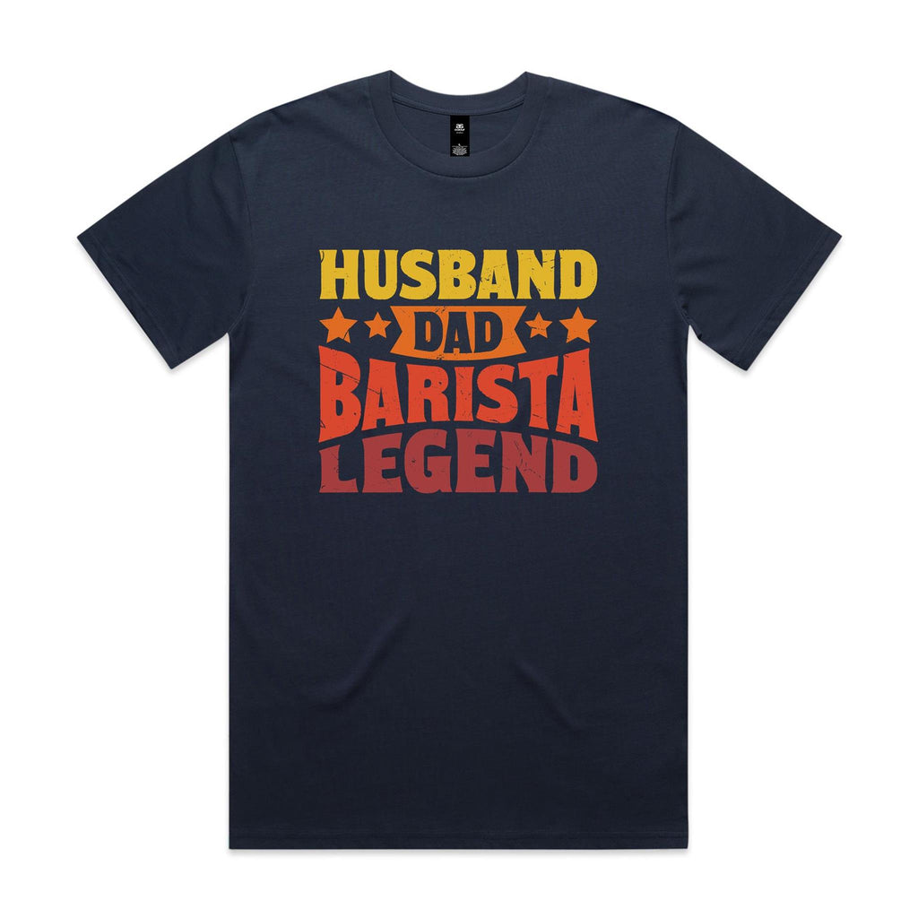Husband, Dad, Barista, Legend Men's AS Colour T-shirt Midnight Blue Mens T-shirt Coffee Dad Printed In Australia