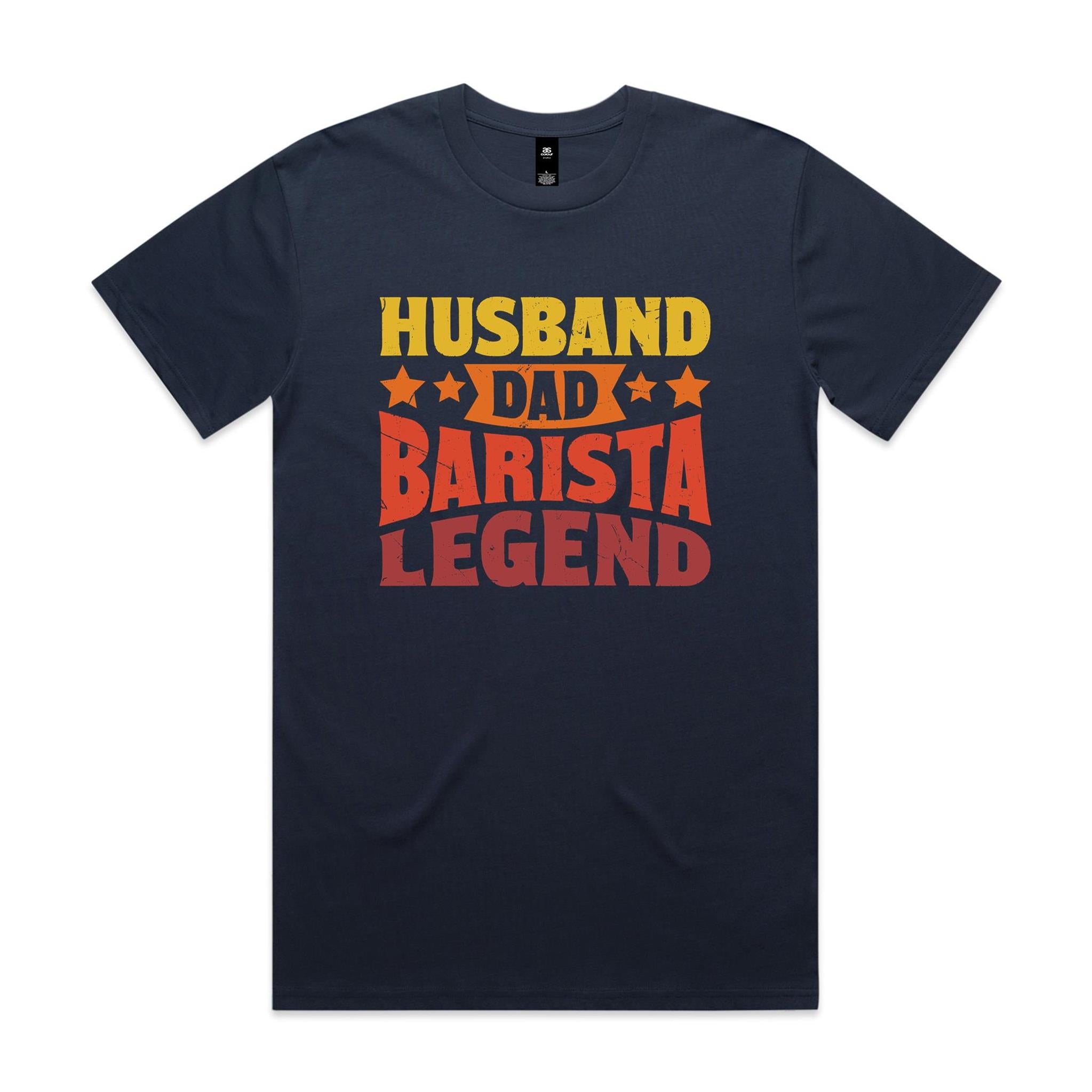 Husband, Dad, Barista, Legend - Men's AS Colour T-shirt Midnight Blue Mens T-shirt Coffee Dad Printed In Australia