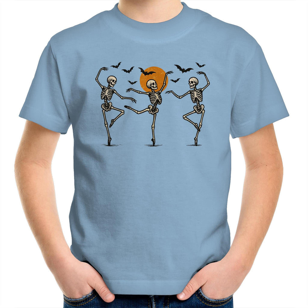 Skeleton Dance, Halloween - Kids Youth T-Shirt Carolina Blue Kids Youth T-shirt Halloween Printed In Australia