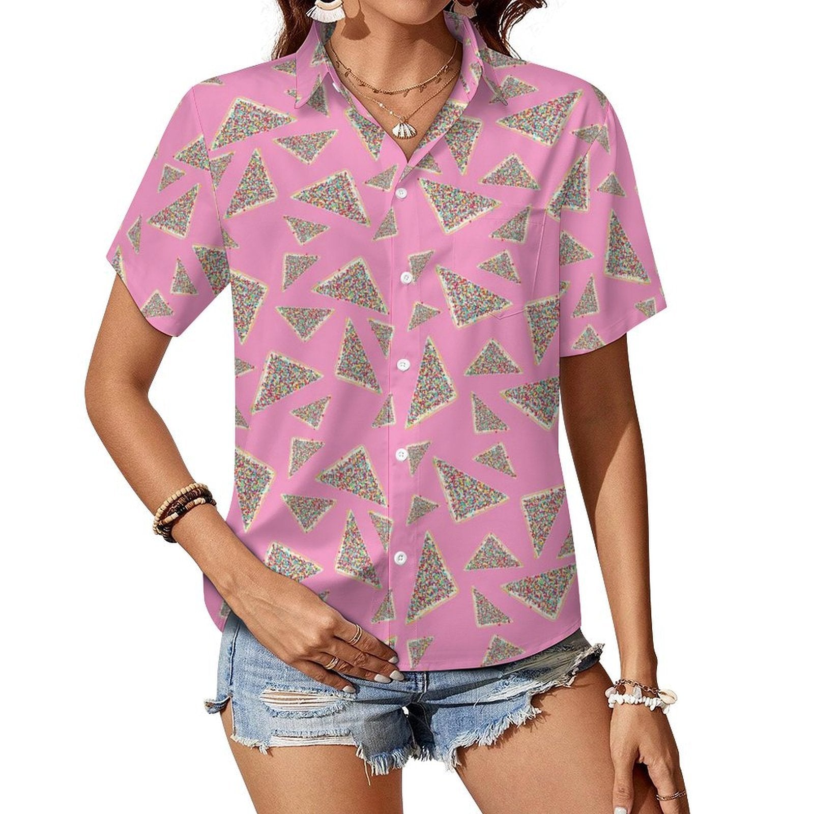 Fairy Bread Women's Short-Sleeve Button Up Shirt white Women's Short-Sleeve Button Up Shirt Food Printed Offshore
