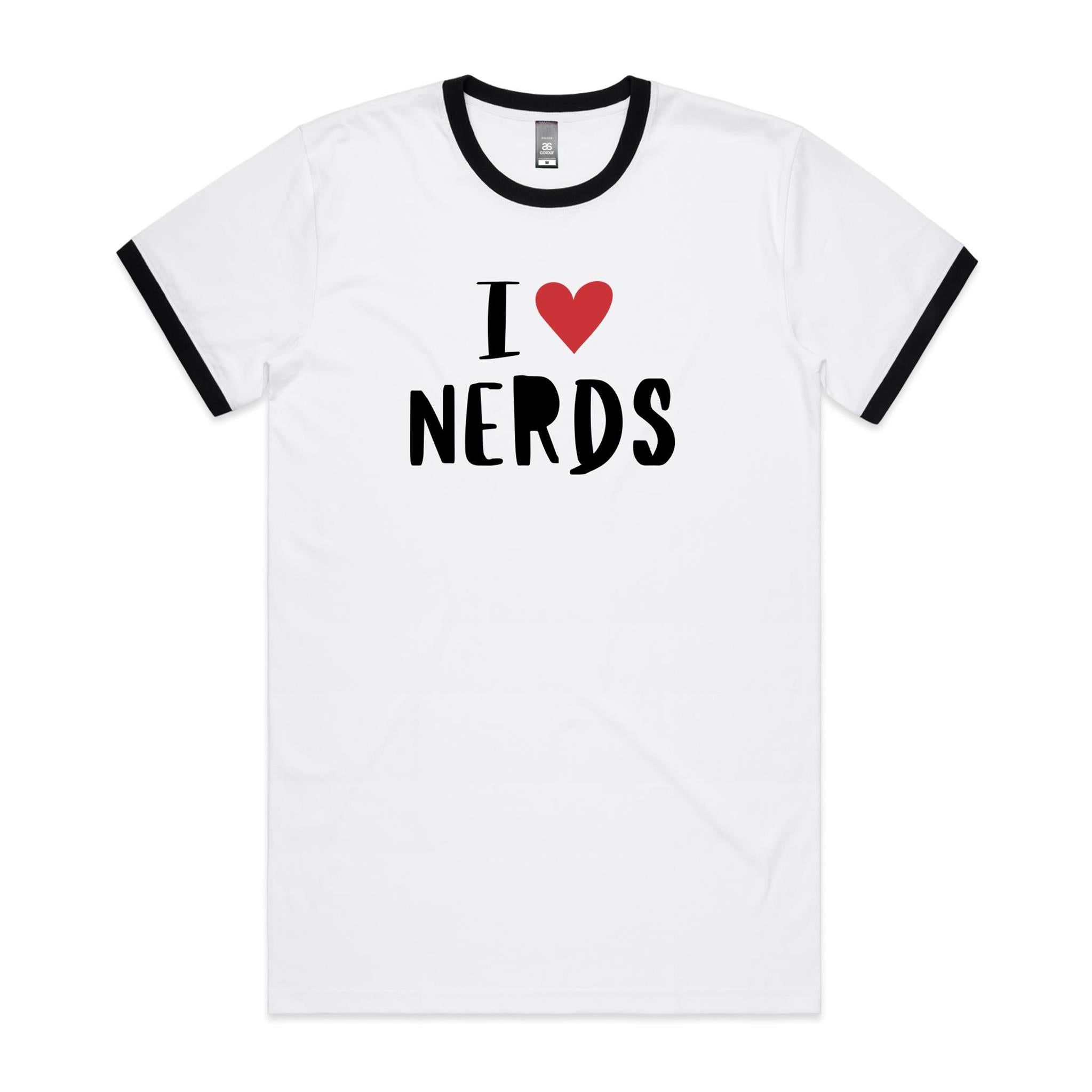 I Love Nerds, Red Heart - Staple Ringer Tee White Black Ringer T-Shirt Printed In Australia