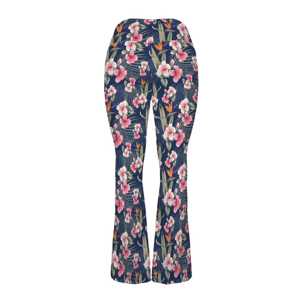 Dark Hawaiian Floral High Waist Crossover Tummy Control Flare Leggings