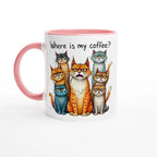 Where Is My Coffee, Cranky Cats - White 11oz Ceramic Mug with Colour Inside Ceramic Pink Colour 11oz Mug animal Coffee Globally Fulfilled