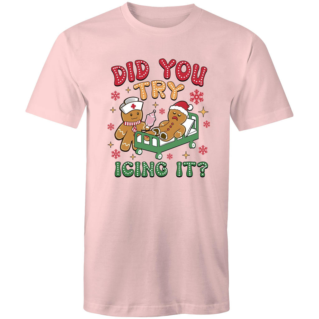 Funny Gingerbread, Did You Try Icing It - Mens T-Shirt Pink Mens Christmas T-shirt Christmas Printed In Australia