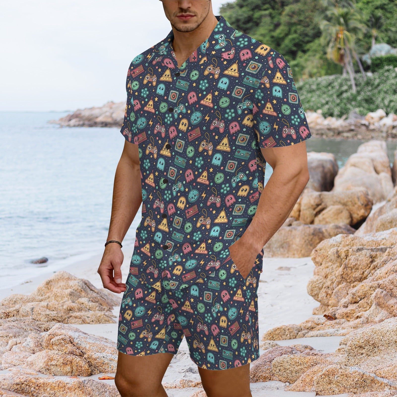 Video Game Men's Hawaiian Shirt & Shorts Set Men's Hawaiian Shirt & Shorts Set Games Printed Offshore Retro