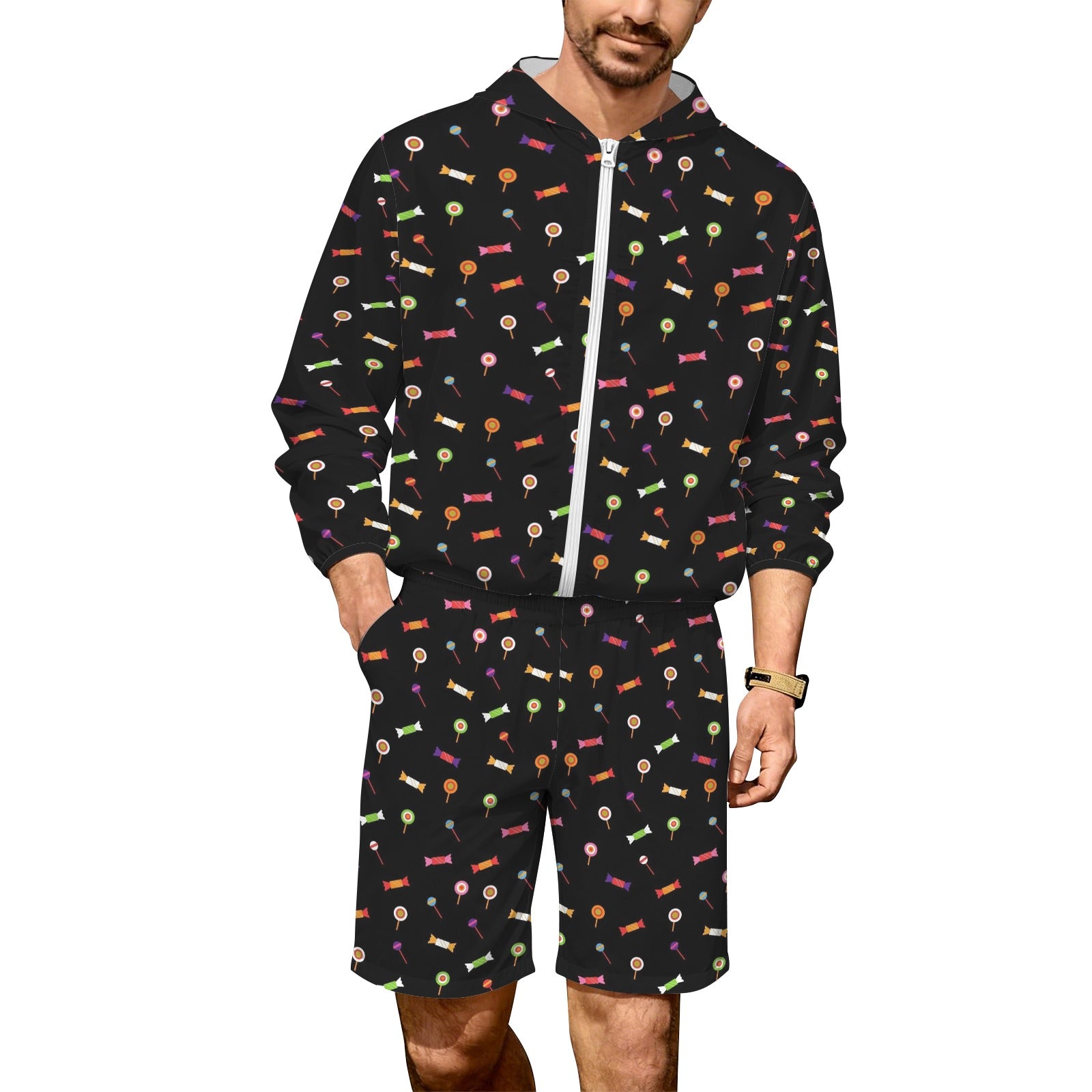 Candy Men's Lightweight Sun Hoodie & Shorts Set 4XL Men's Lightweight Sun Hoodie & Shorts Food Printed Offshore