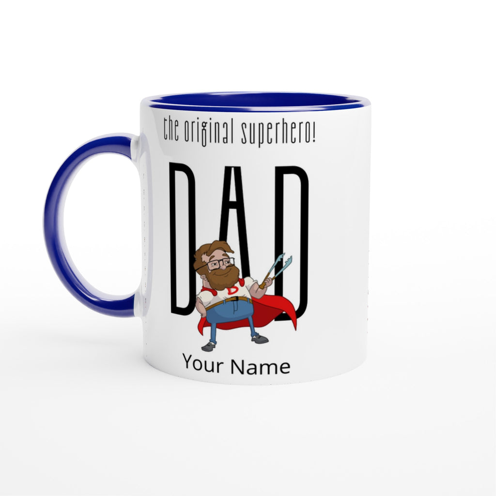 Personalised - Dad, The Original Superhero - White 11oz Ceramic Mug with Colour Inside Ceramic Blue Personalised 11oz Mug comic Customise Dad Globally Fulfilled Name Personalise