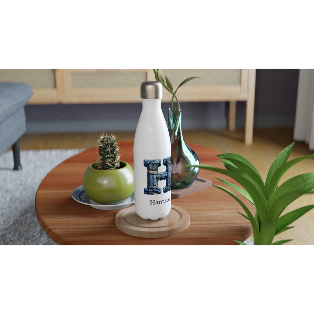 Blue Denim Initial - White 17oz Stainless Steel Water Bottle Personalised Water Bottle customise Globally Fulfilled Initial Name personalise