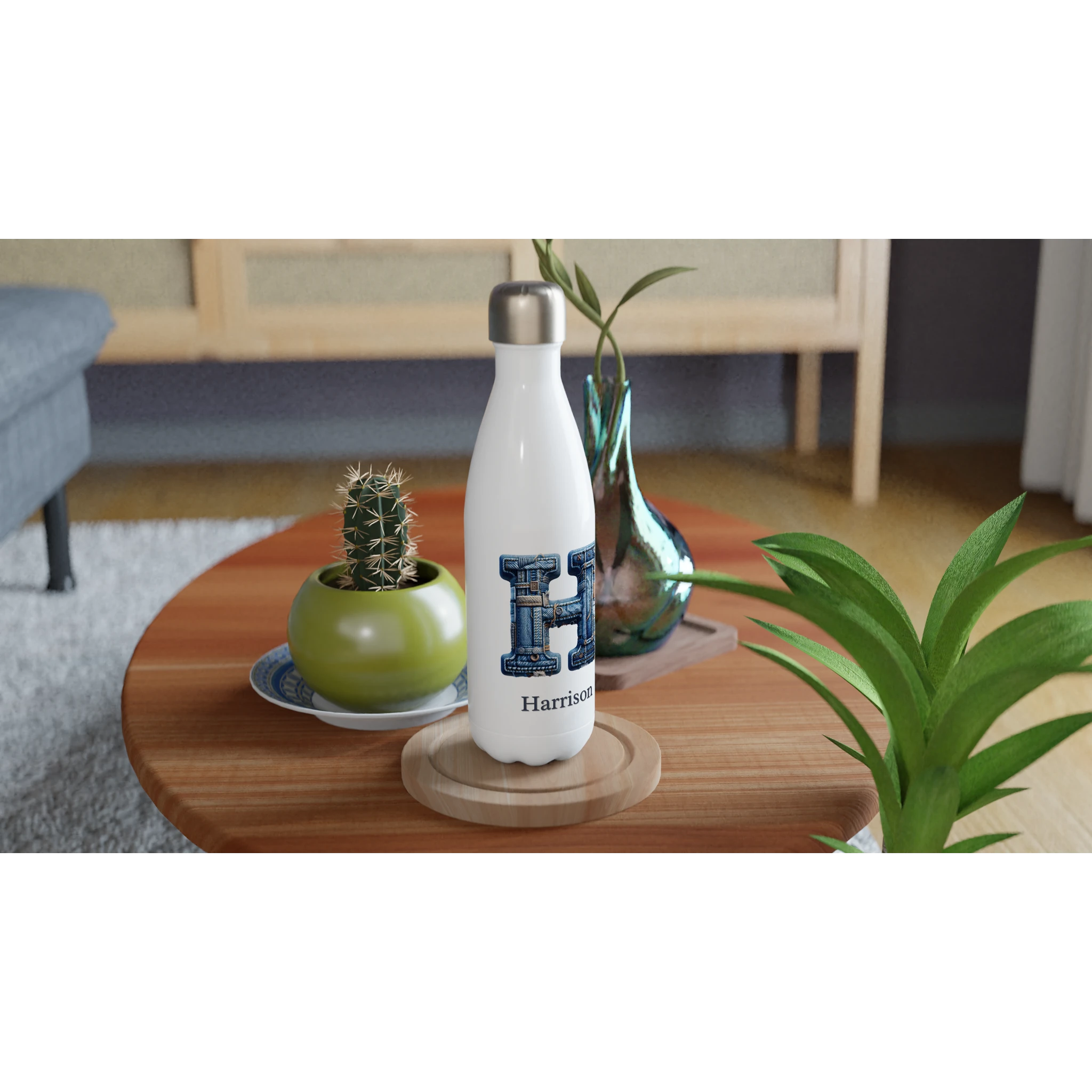 Blue Denim Initial - White 17oz Stainless Steel Water Bottle Personalised Water Bottle customise Globally Fulfilled Initial Name personalise