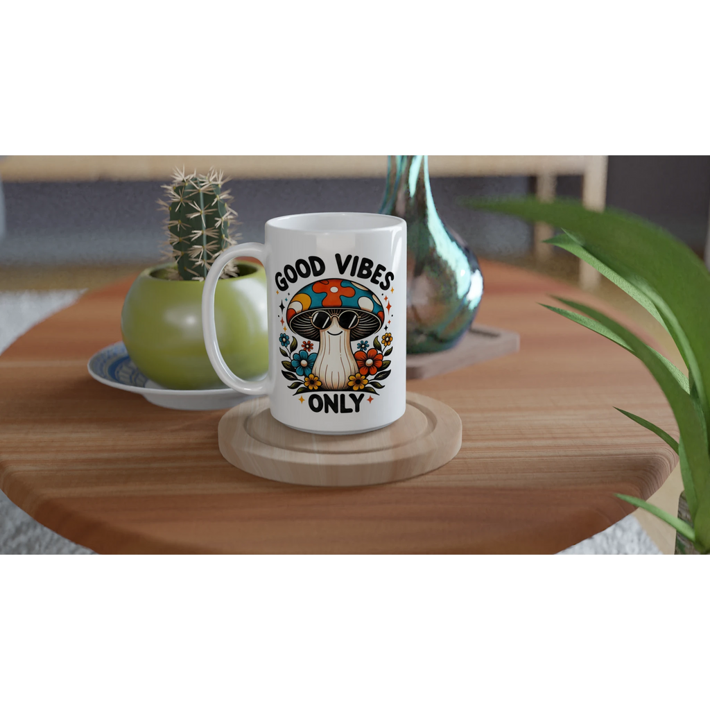 Personalised Good Vibes Only, Hippie Mushroom With Sunglasses White 15oz Ceramic Mug Personalised 15oz Mug Globally Fulfilled Posititvity