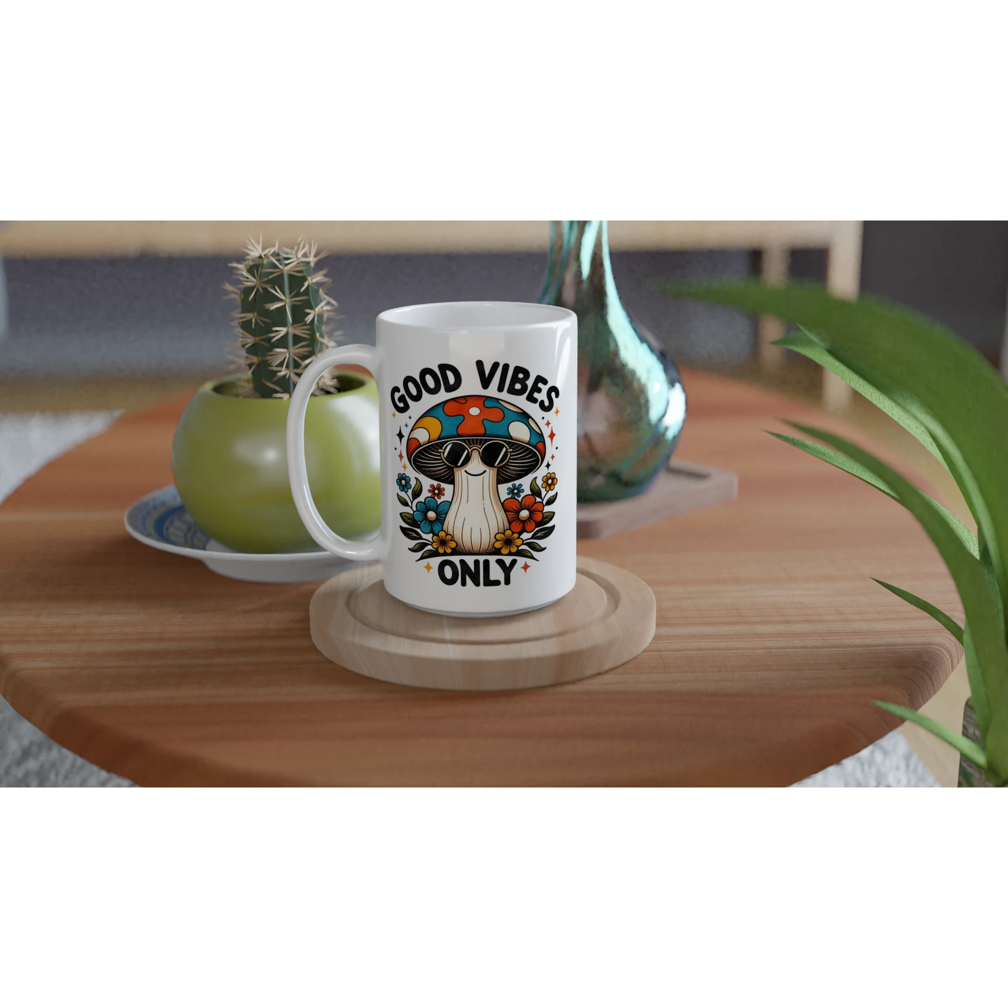Personalised Good Vibes Only, Hippie Mushroom With Sunglasses White 15oz Ceramic Mug Personalised 15oz Mug Globally Fulfilled Posititvity