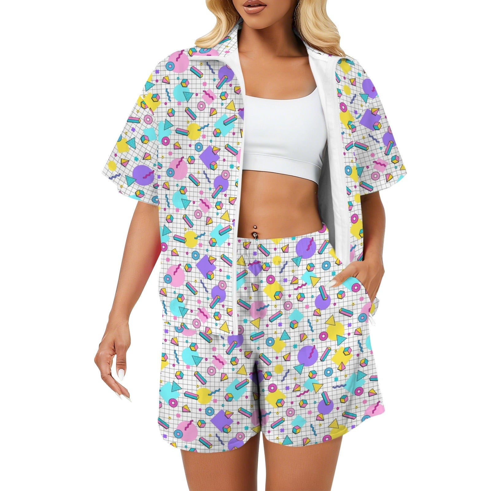 80's Grid Women's Windbreaker Short Set 2XL Women's Windbreaker Short Set Printed Offshore Retro