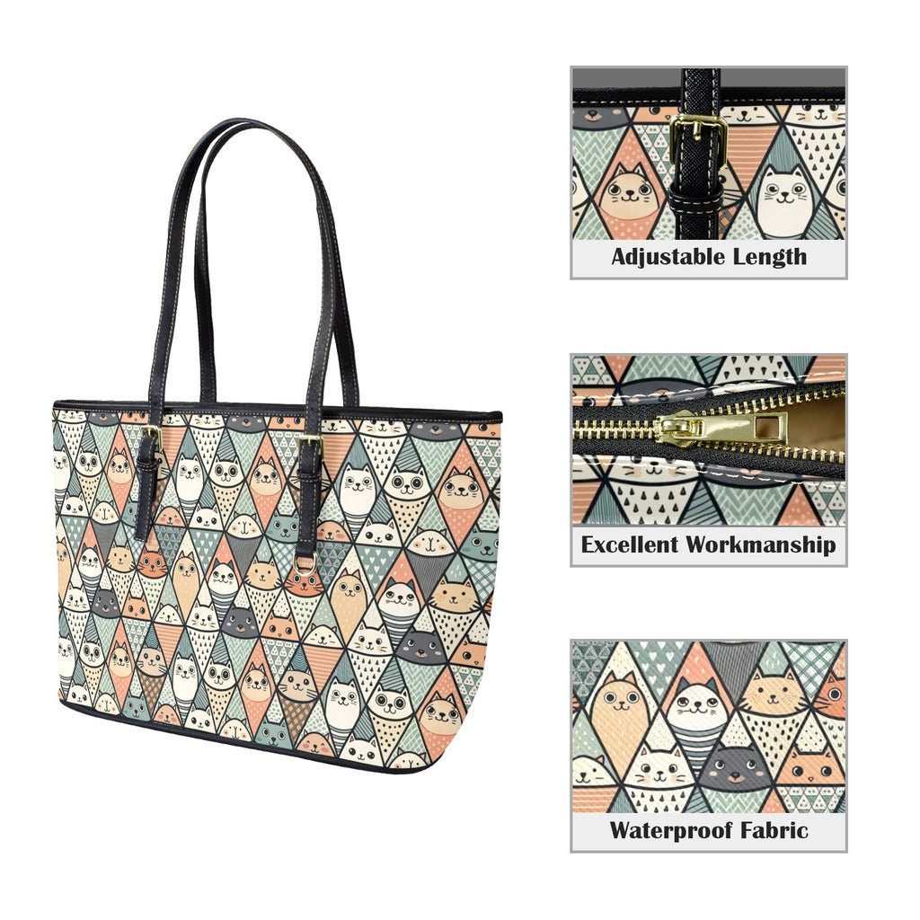 Diamond Cat Pattern - Leather Tote Bag-Large
