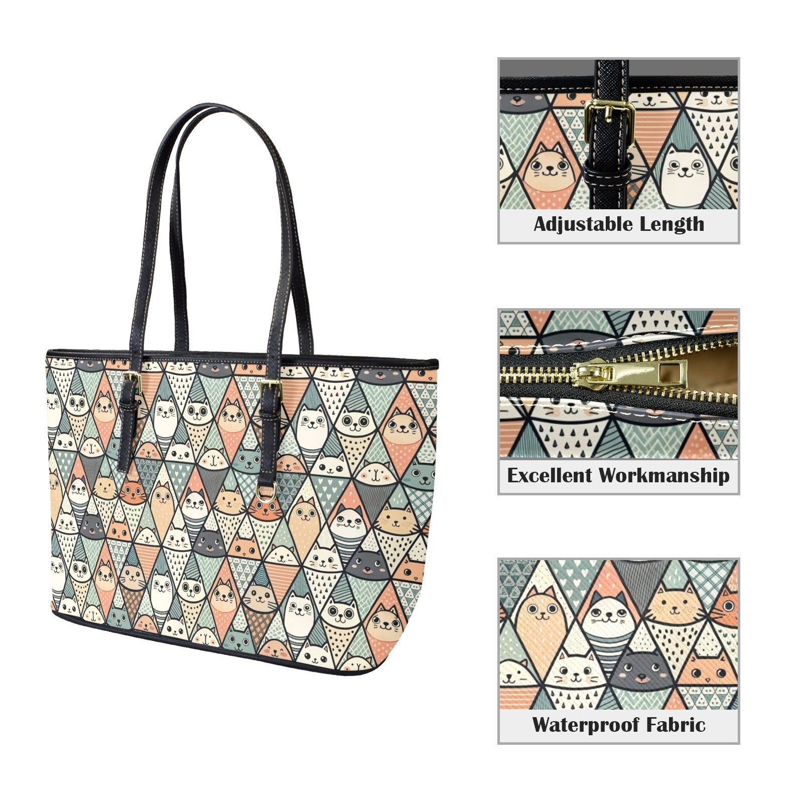 Diamond Cat Pattern - Leather Tote Bag-Large