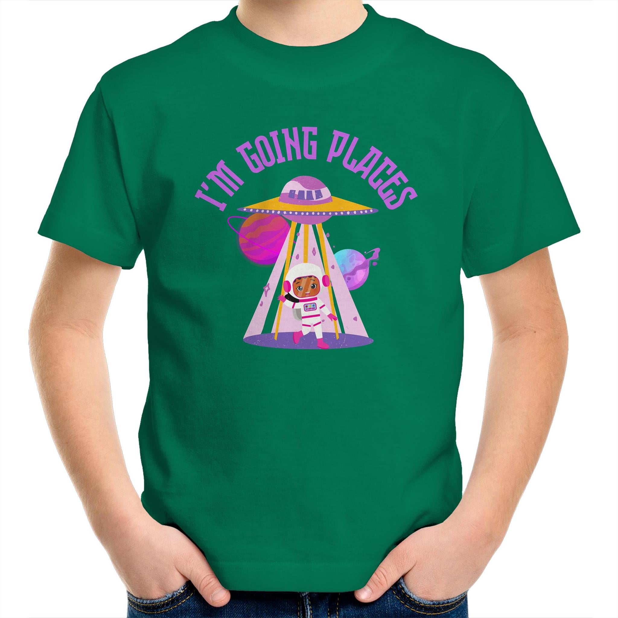 I'm Going Places, Space - Kids Youth T-Shirt Kelly Green Kids Youth T-shirt Printed In Australia Space