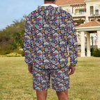 Graphic Flowers On Black Men's Lightweight Sun Hoodie & Shorts Set Men's Lightweight Sun Hoodie & Shorts Plants Printed Offshore