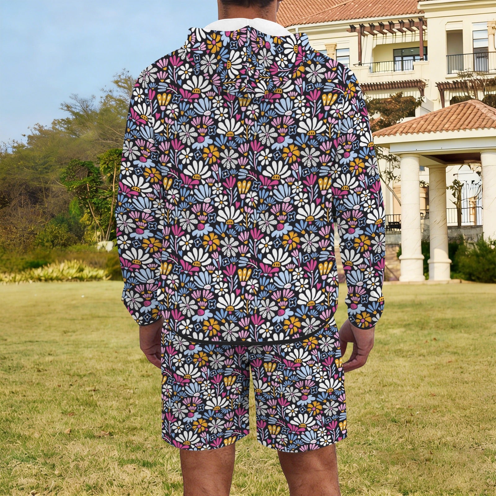Graphic Flowers On Black Men's Lightweight Sun Hoodie & Shorts Set Men's Lightweight Sun Hoodie & Shorts Plants Printed Offshore