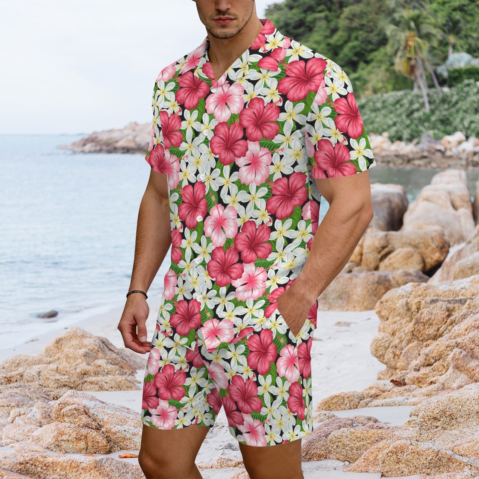 Hibiscus Men's Hawaiian Shirt & Shorts Set Men's Hawaiian Shirt & Shorts Set Plants Printed Offshore