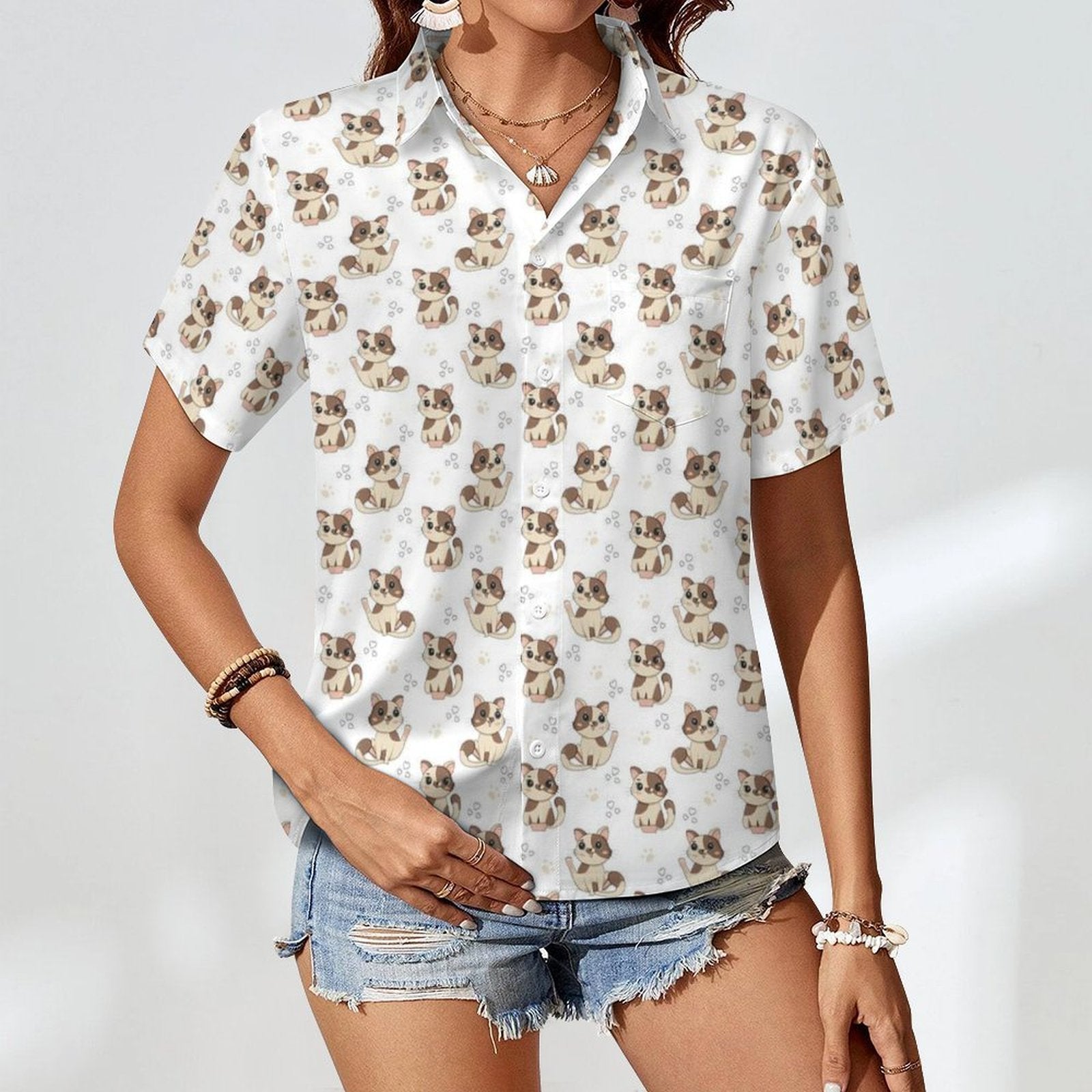 Cheeky Cats Women's Short-Sleeve Button Up Shirt