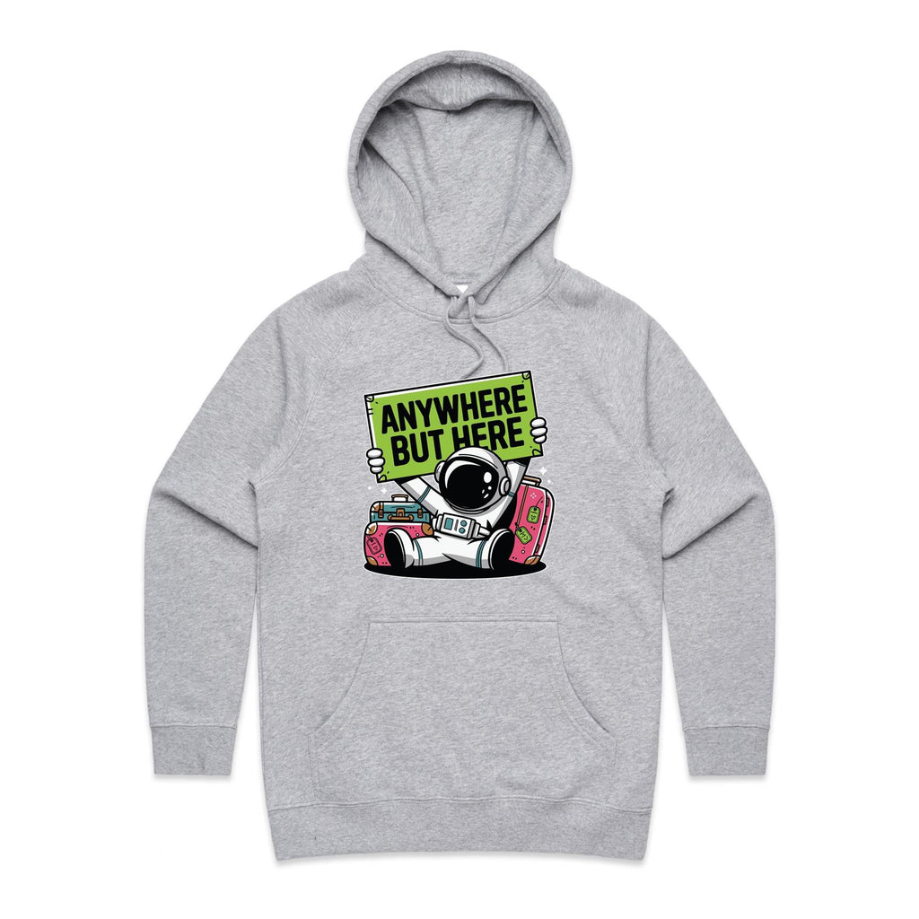 Astronaut, Anywhere But Here - Womens Hoodie Grey Marle Womens Hoodie Printed In Australia Space