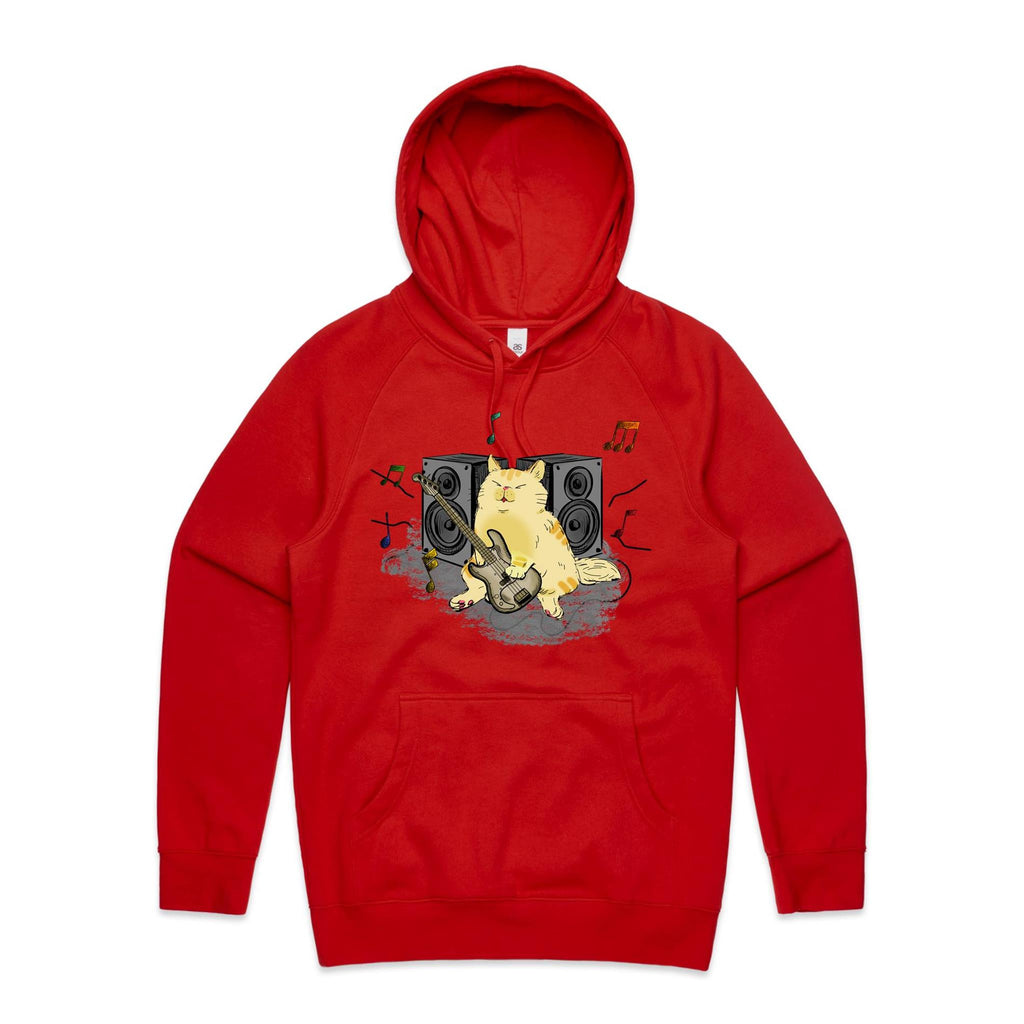 Cat Bass Player - Mens Hoodie Red Mens Hoodie animal Music Printed In Australia