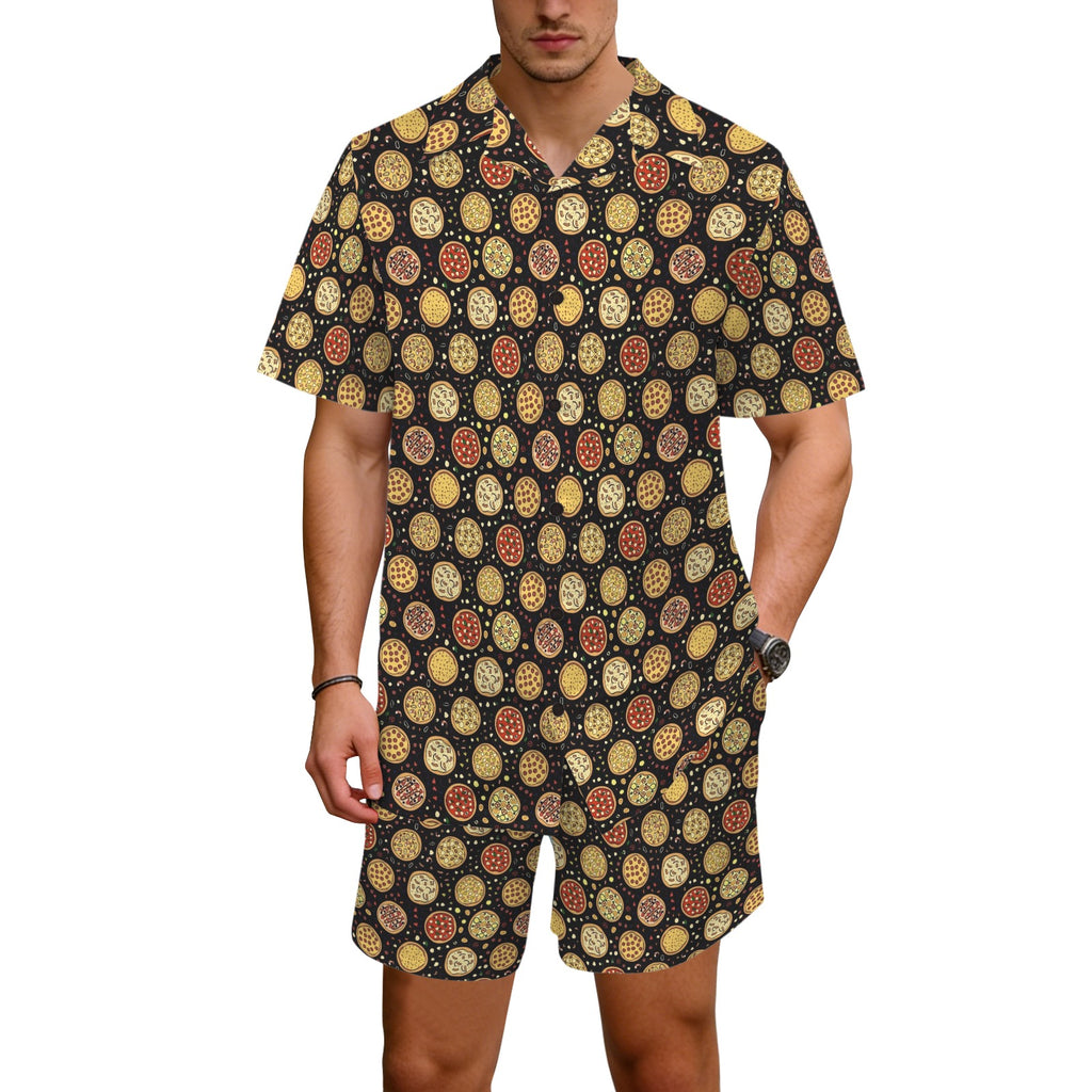 Round Pizzas On Black Men's Hawaiian Shirt & Shorts Set Men's Hawaiian Shirt & Shorts Set Food Printed Offshore
