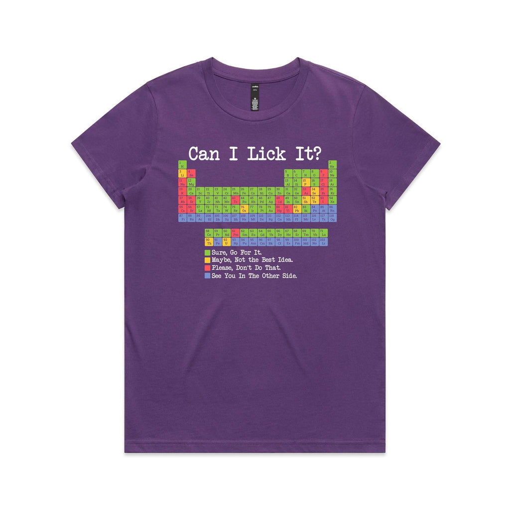 Periodic Table, Can I Lick It Women's AS Colour T-shirt Purple Womens T-shirt Printed In Australia Science
