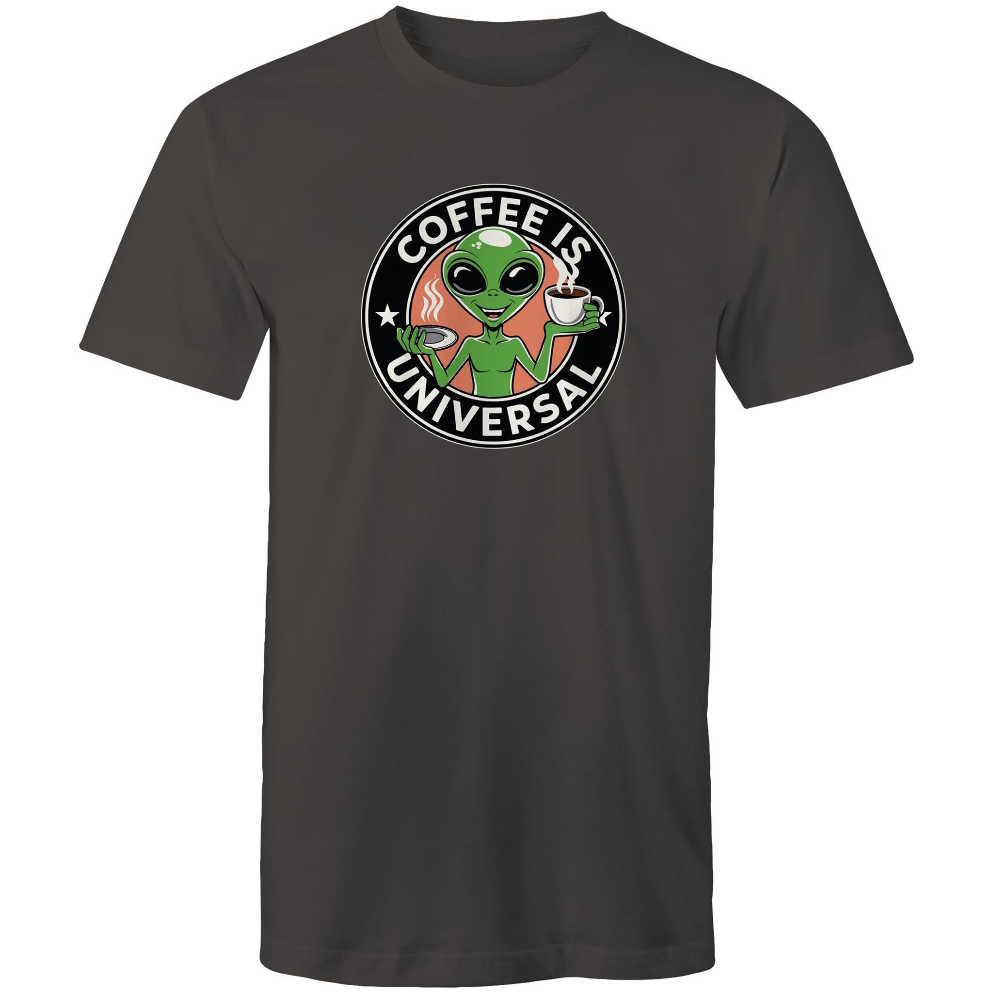 Coffee Is Universal, Alien - Mens T-Shirt Charcoal Mens T-shirt Coffee Printed In Australia Sci Fi