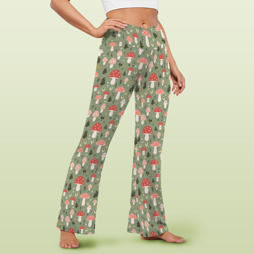 Mushroom Garden High Waist Crossover Tummy Control Flare Leggings High Waist Flare Leggings Printed Offshore