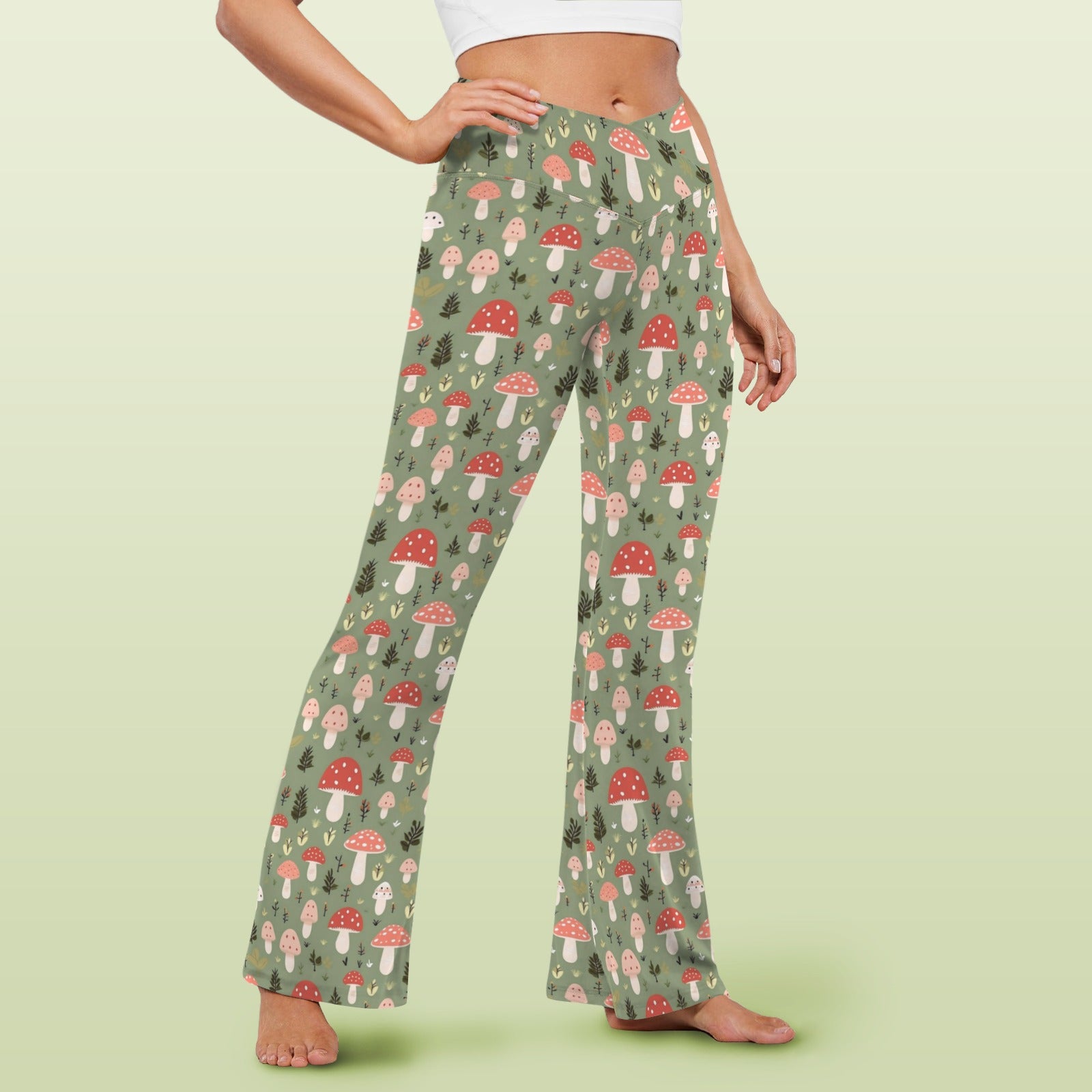 Mushroom Garden High Waist Crossover Tummy Control Flare Leggings High Waist Flare Leggings Printed Offshore