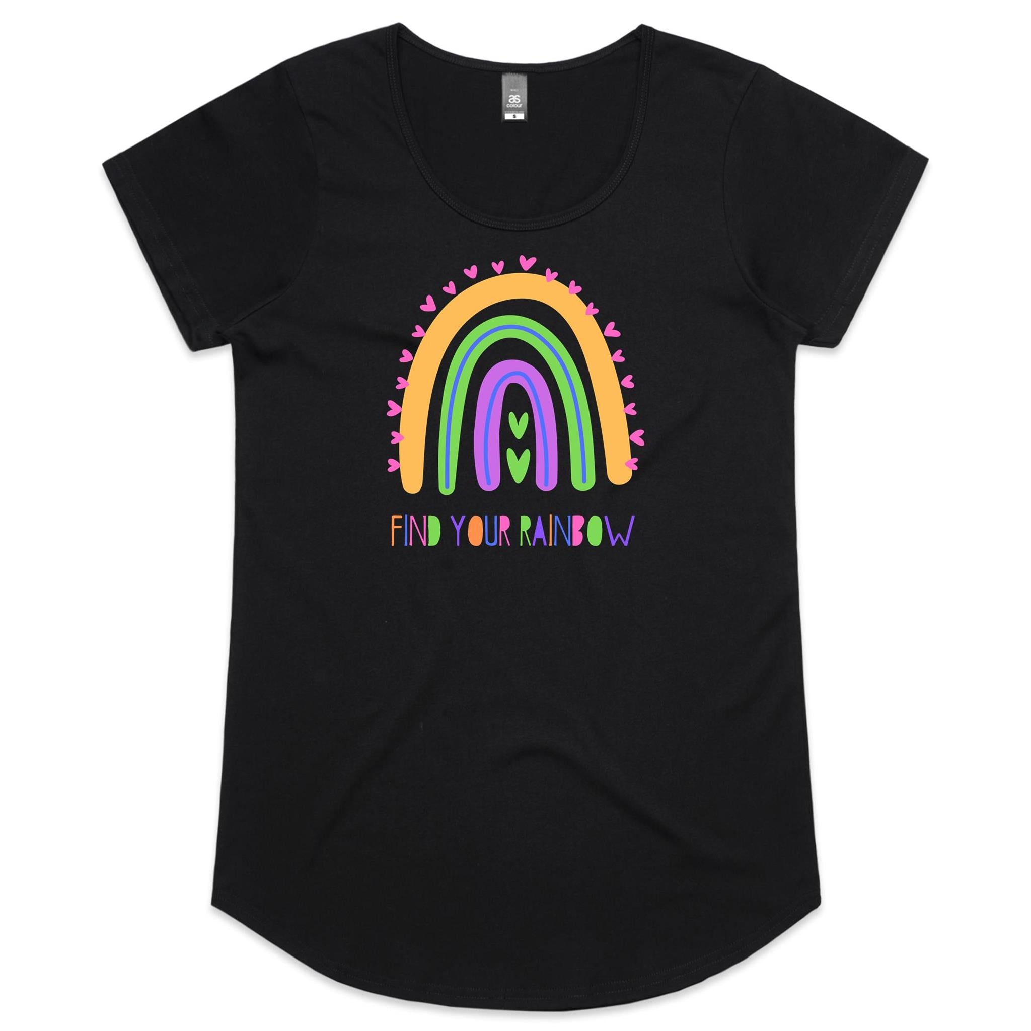 Find Your Rainbow - Womens Scoop Neck T-Shirt Black Womens Scoop Neck T-shirt Positivity Printed In Australia
