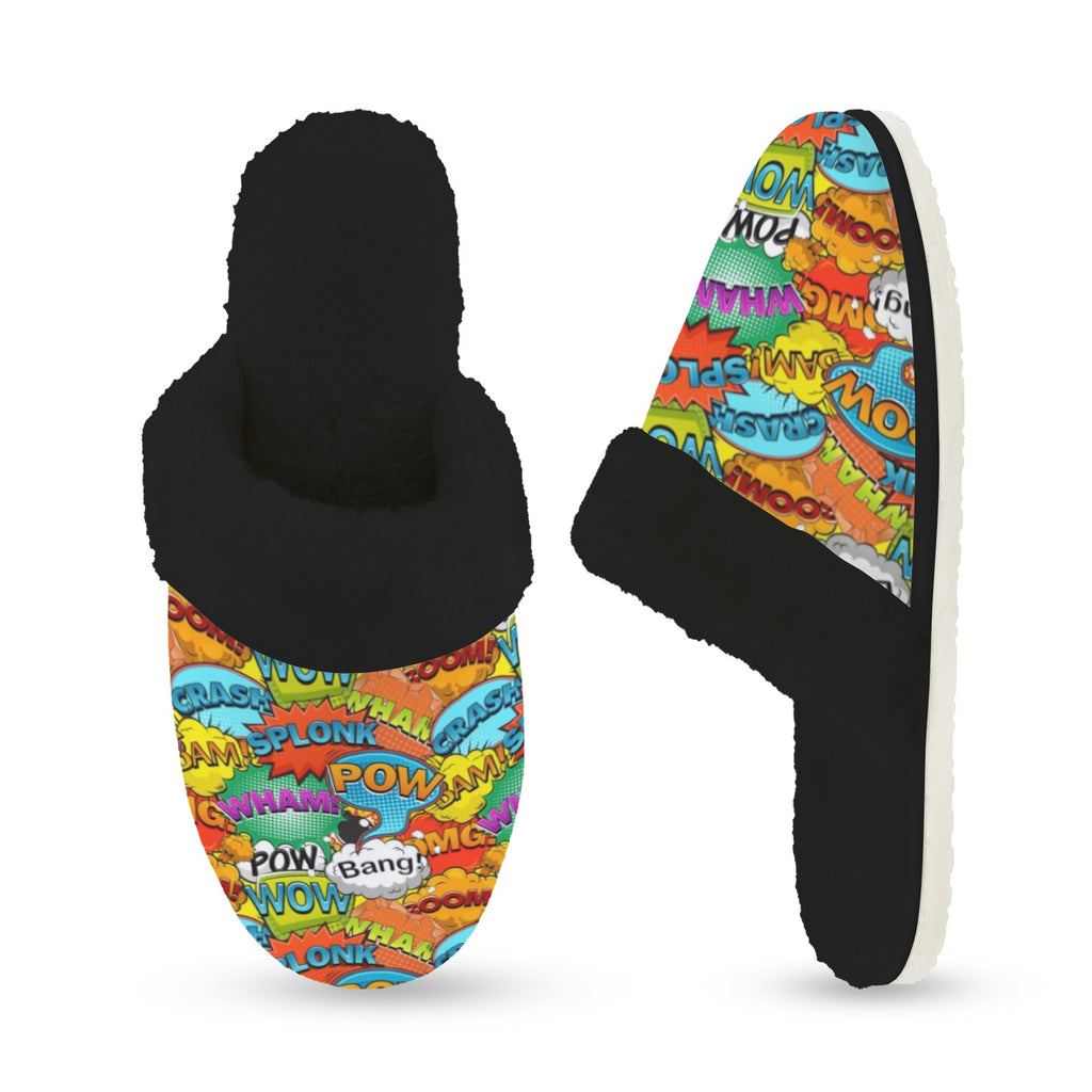 Comic Book 2 Women's Fur Trim Thick-Sole Indoor Slippers Women's Fur Trimmed Slippers comic Printed Offshore