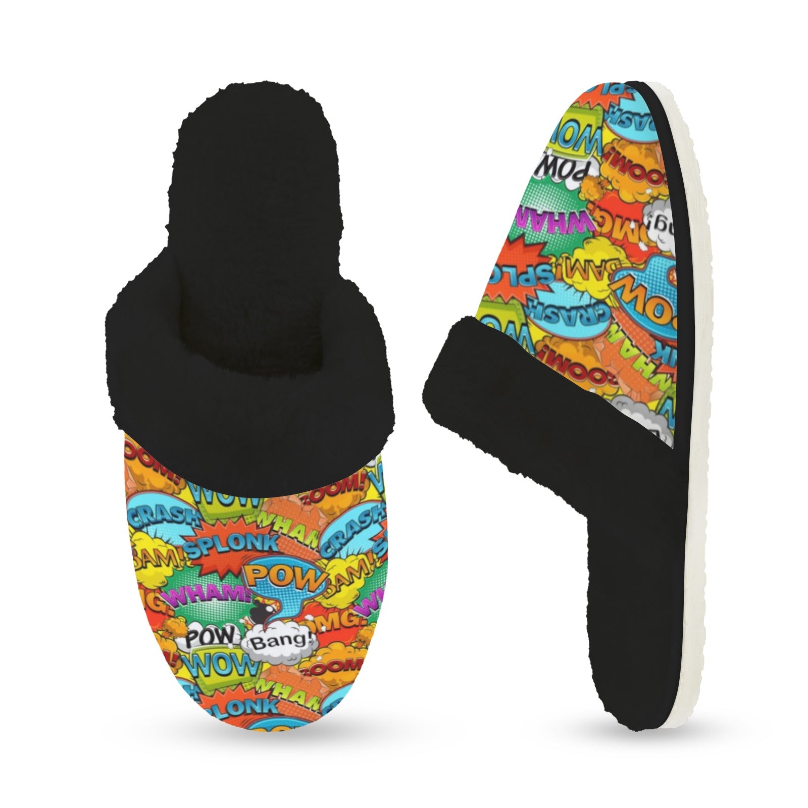 Comic Book 2 Women's Fur Trim Thick-Sole Indoor Slippers Women's Fur Trimmed Slippers comic Printed Offshore