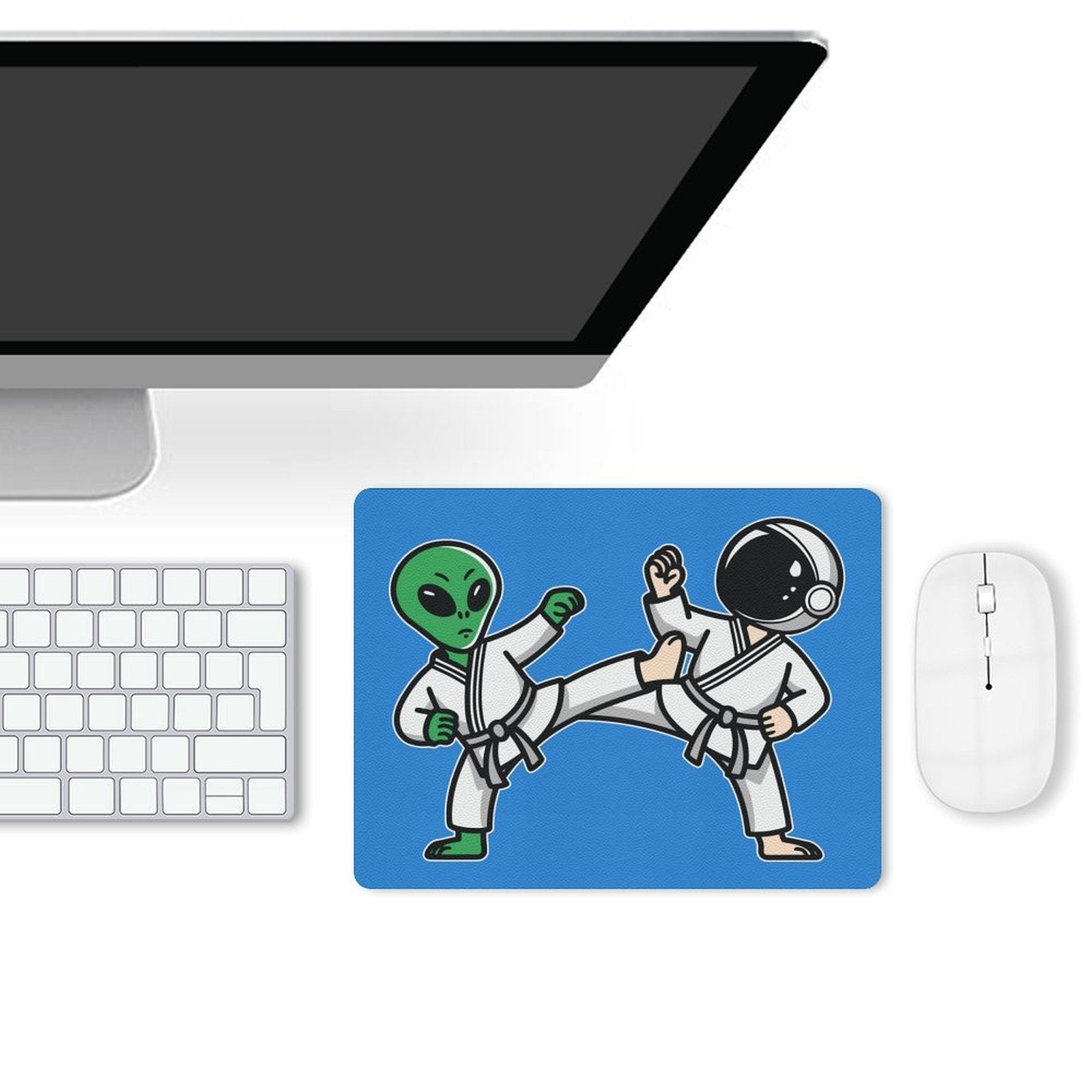 Karate Alien And Astronaut - Leather Mouse Pad Leather Mouse Pad Printed Offshore Sci Fi Space