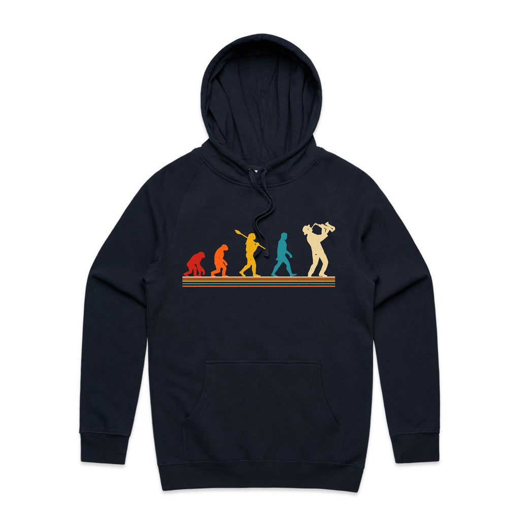 Saxophone Player Evolution - Mens Hoodie Navy Mens Hoodie Music Printed In Australia