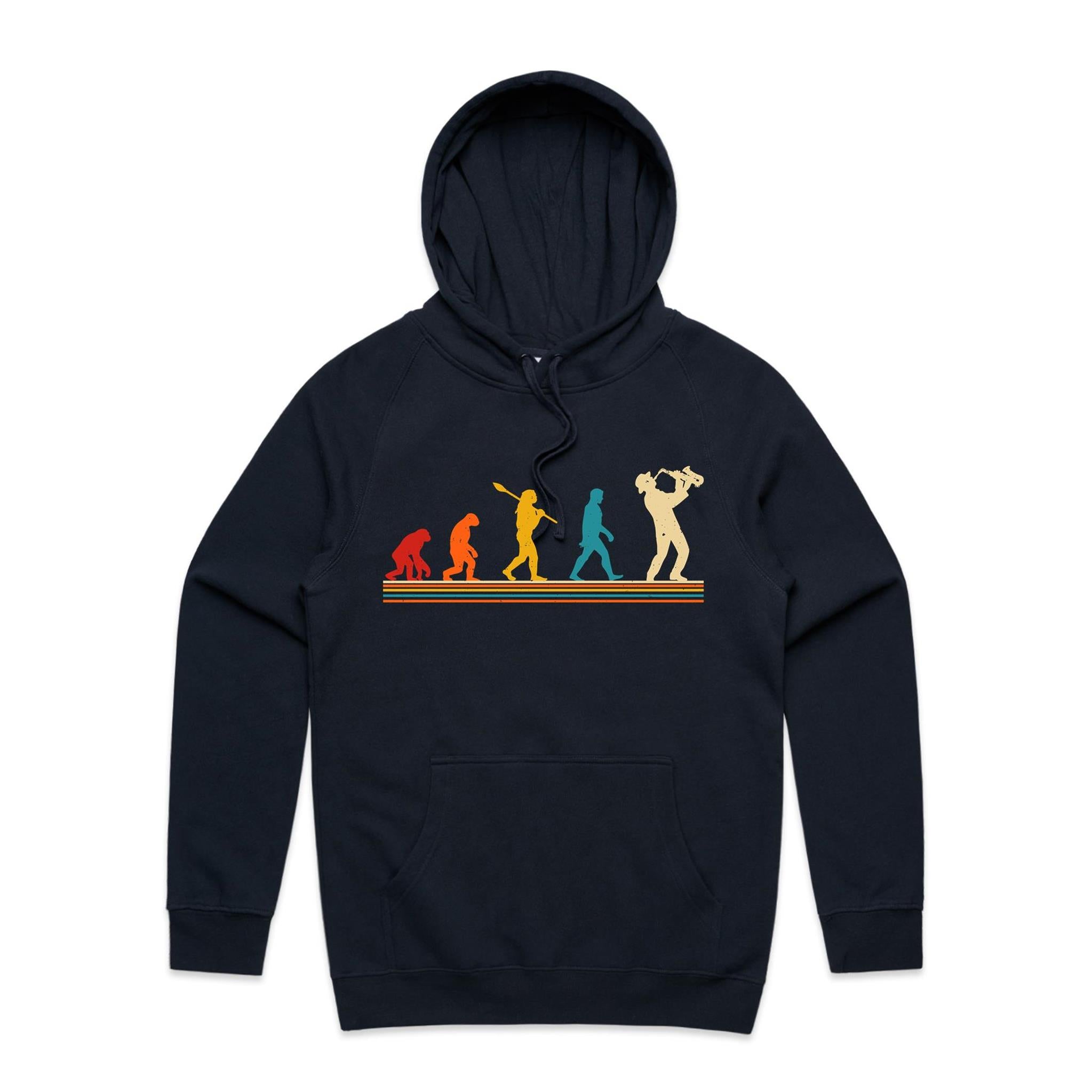 Saxophone Player Evolution - Mens Hoodie Navy Mens Hoodie Music Printed In Australia