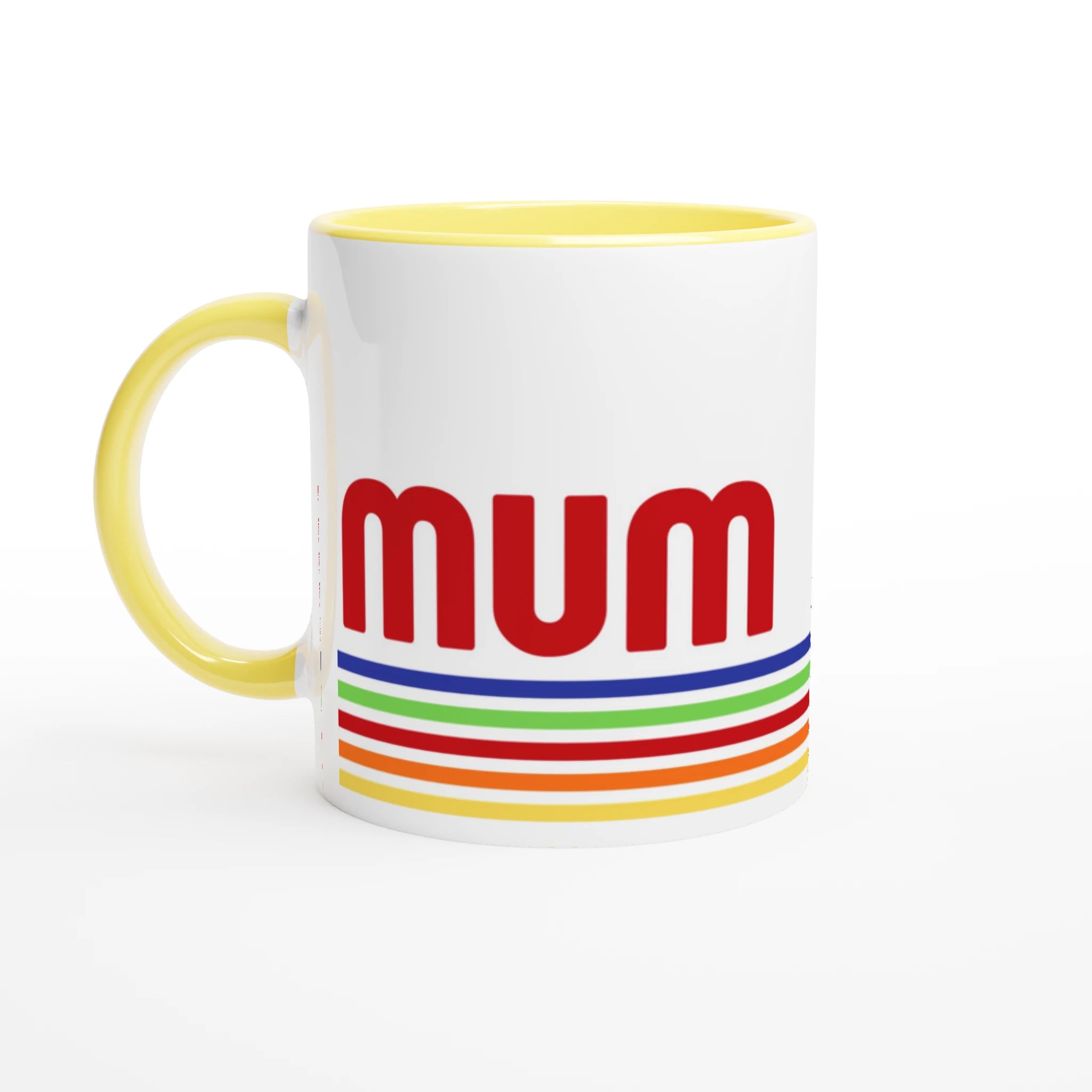 Mum Mug With Retro Stripes - White 11oz Ceramic Mug with Colour Inside Ceramic Yellow Colour 11oz Mug Globally Fulfilled Mum