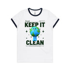 Earth, Just Keep It Clean - Women's Ringer Tee White Navy Womens Ringer T-shirt Environment Printed In Australia