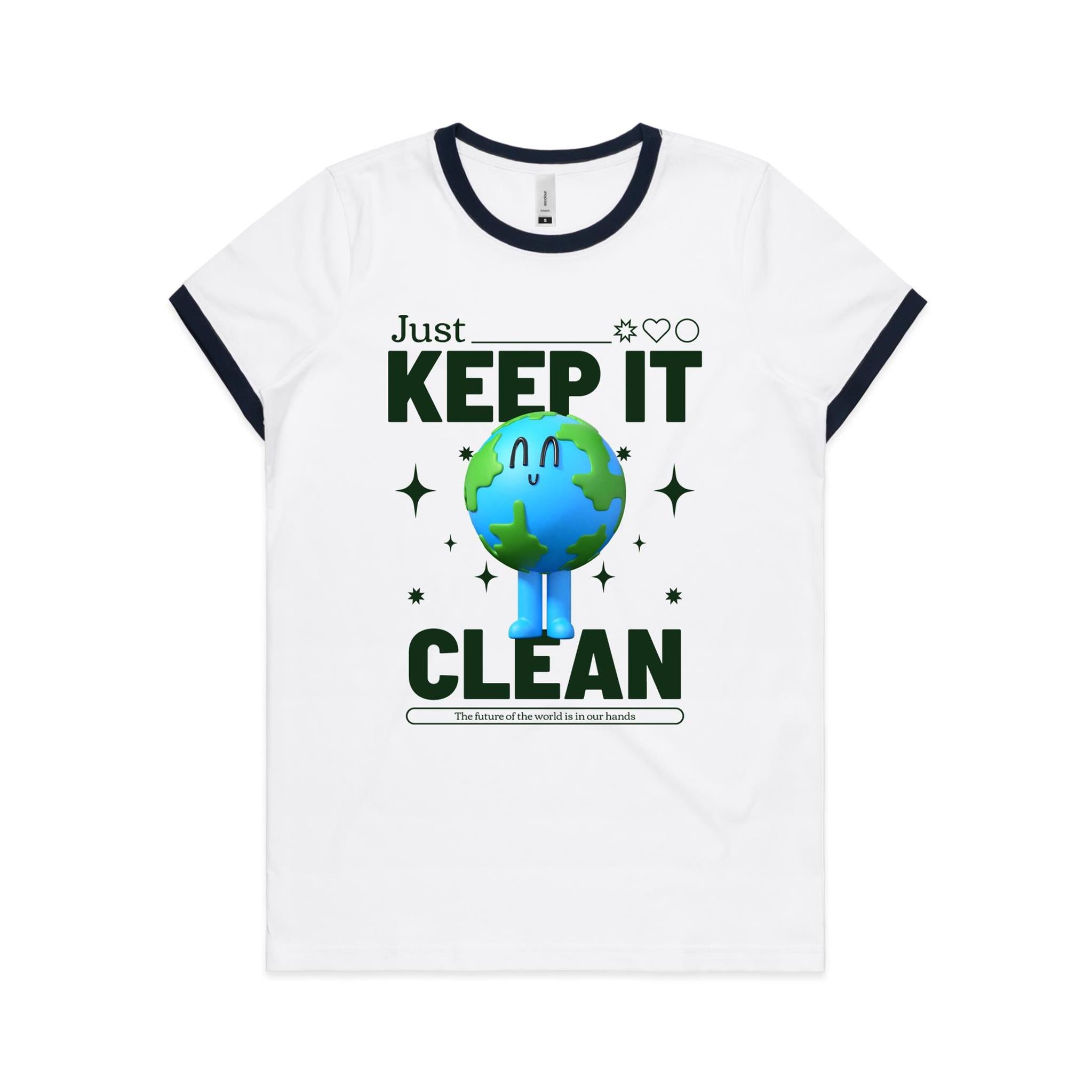 Earth, Just Keep It Clean - Women's Ringer Tee White Navy Womens Ringer T-shirt Environment Printed In Australia