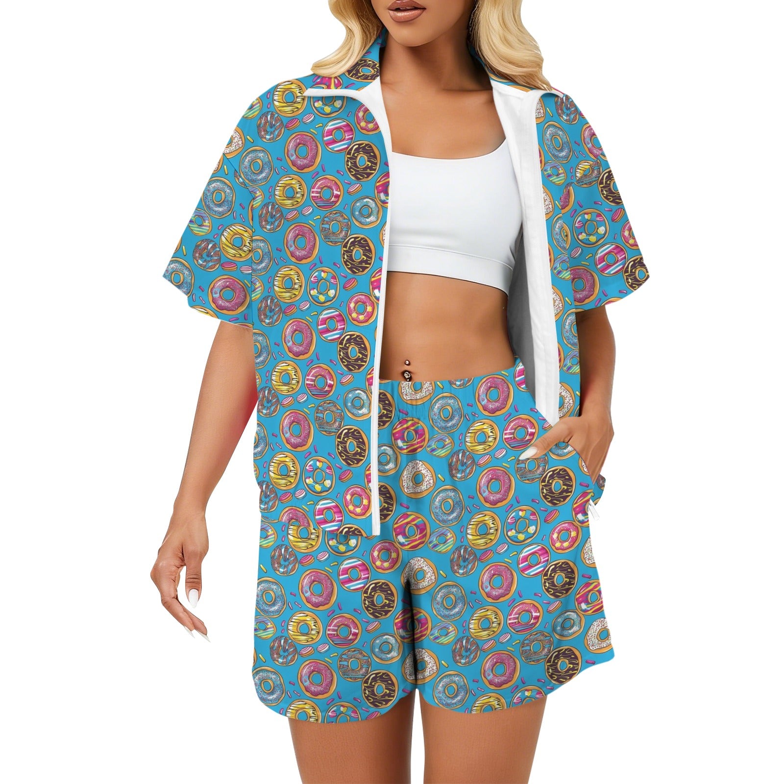 Doughnuts On Blue Women's Windbreaker Short Set 2XL Women's Windbreaker Short Set Food Printed Offshore